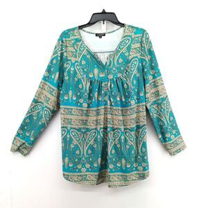 a. Jesdani Blouse Women Plus Size 1X Teal Long Sleeve Paisley V Neck Casual Top